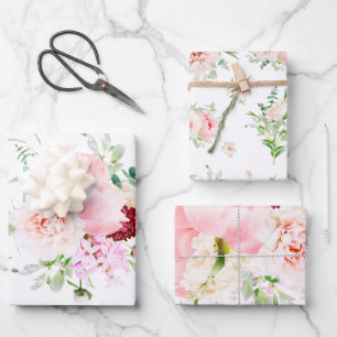 Feuille De Papier Cadeau Français Aquarelle rose et blanche