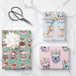Feuille De Papier Cadeau Français Bulldogs Pastel Motif de Noël