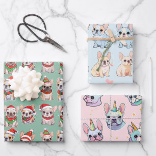 Feuille De Papier Cadeau Français Bulldogs Pastel Motif de Noël