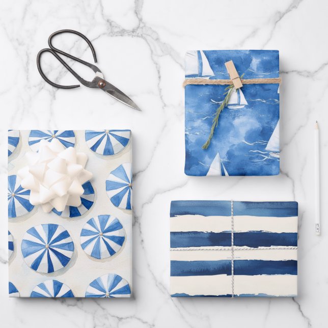 Feuille De Papier Cadeau French Riviera Blue Umbrellas Boats Stripes   (Recto)