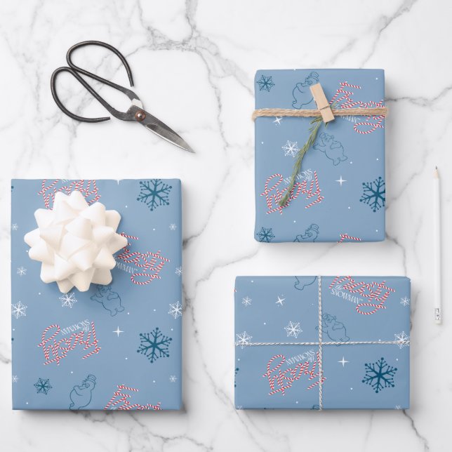 Feuille De Papier Cadeau Frosty Snowman Blue Snowflake Motif (Recto)