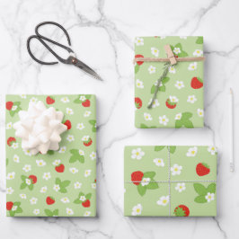 Feuille De Papier Cadeau Fruit fraise Floral Rouge Vert Motif