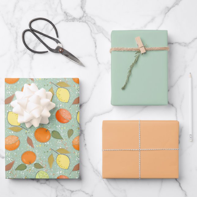 Feuille De Papier Cadeau Fruit motif aux citrons, oranges (Recto)