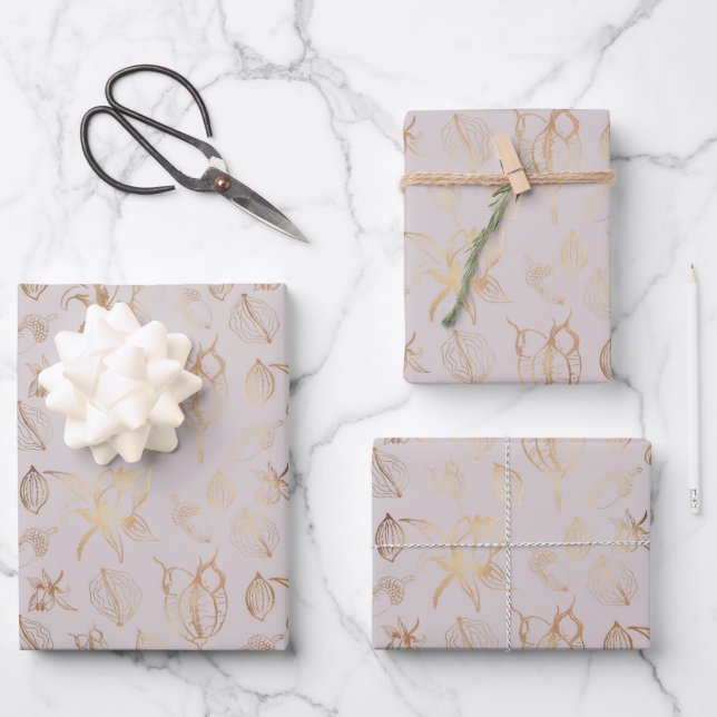 Feuille De Papier Cadeau Fruits d'or Élégants Noël (Recto)