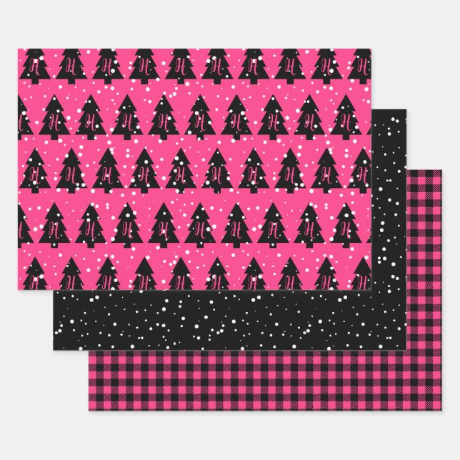 Feuille De Papier Cadeau Fuchsia et Monogramme noir (Lot)