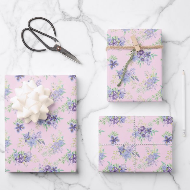 Feuille De Papier Cadeau Fuchsia Violet Vert Fleurs Anniversaire Mariage (Recto)