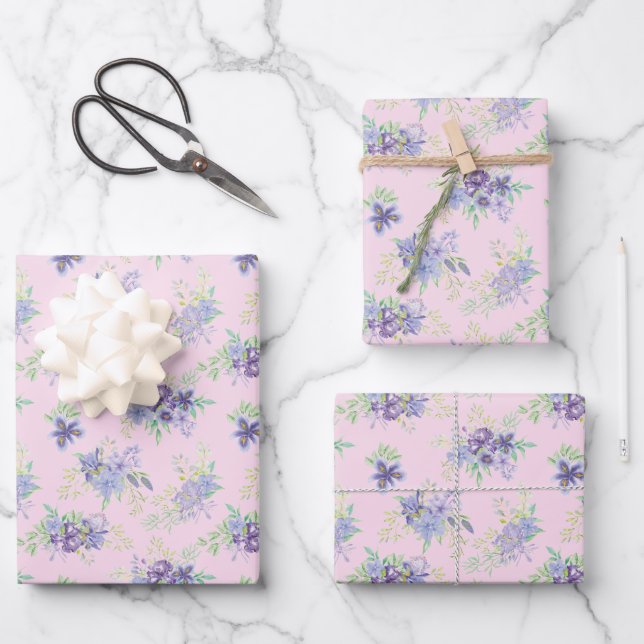 Feuille De Papier Cadeau Fuchsia Violet Vert Floral Fête d'anniversaire Mar (Recto)