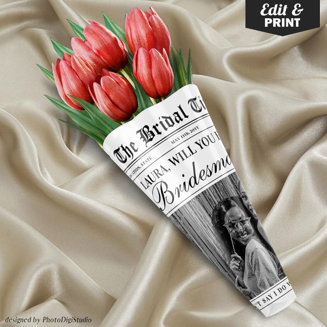 Feuille De Papier Cadeau Fun Bridesmaid Proposition Newspaper Flower Bouque (Editable Fun Bridesmaid Proposal Newspaper Flower Bouquet Wrapping Paper Sheets)