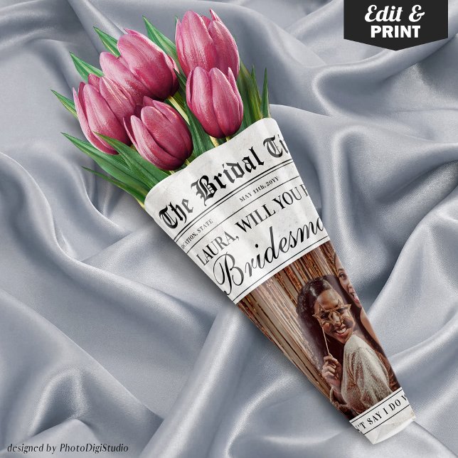 Feuille De Papier Cadeau Fun Bridesmaid Proposition Newspaper Flower Bouque (Editable Fun Bridesmaid Proposal Newspaper Flower Bouquet Wrapping Paper Sheets)