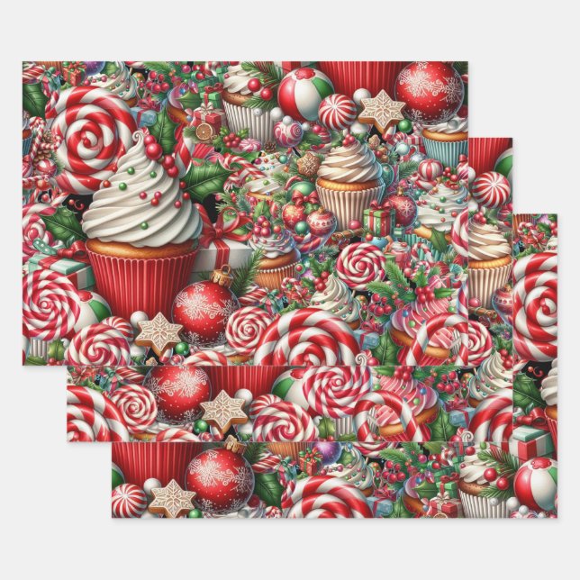 Feuille De Papier Cadeau Fun Christmas Cupcakes Red Stripe Canes (Lot)
