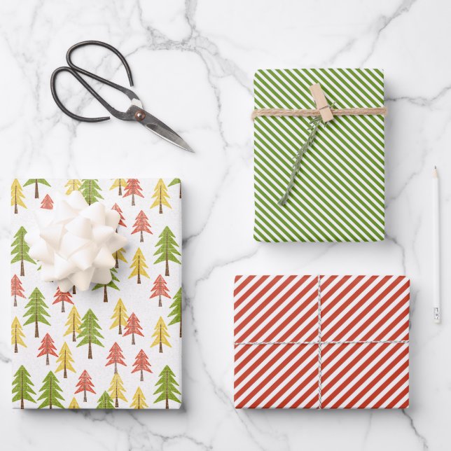 Feuille De Papier Cadeau Fun Red Green Jaune Abstrait Pine Tree Motif (Recto)