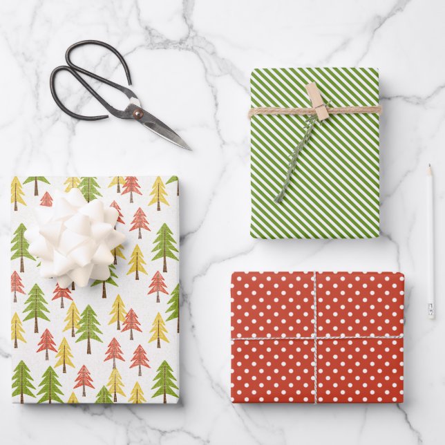 Feuille De Papier Cadeau Fun Red Green Jaune Abstrait Pine Tree Motif (Recto)