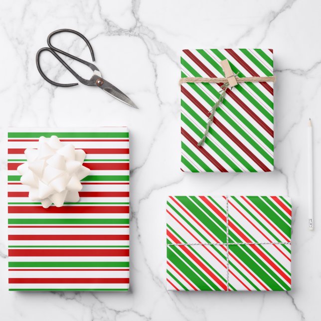 Feuille De Papier Cadeau Fun Rouge, Blanc, Vert Lignes inspirées de Noël (Recto)