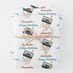 Feuille De Papier Cadeau Funny 80s Musique Retro Cassette Anniversaire Nom