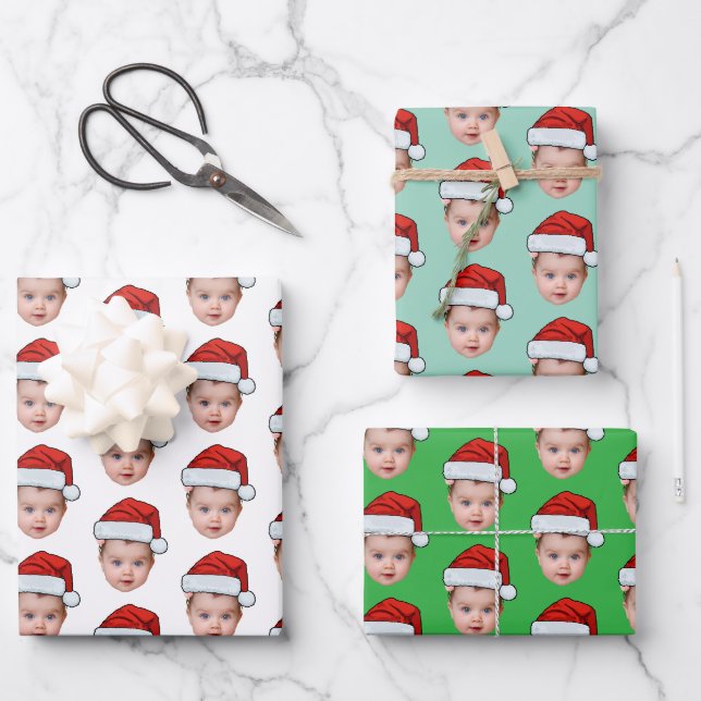Feuille De Papier Cadeau Funny Custom Baby Face Photo Père Noël Head (Recto)