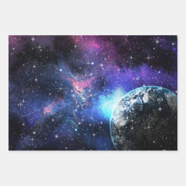 Feuille De Papier Cadeau Galaxie, Univers, Étoiles, Motif cadeau spatial (Devant)