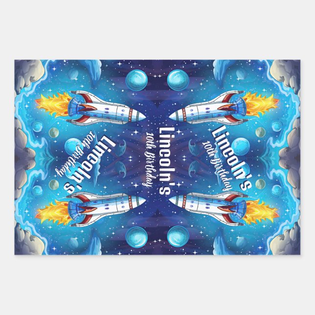 Feuille De Papier Cadeau Galaxy Astronaut Navette spatiale Rocketship Anniv (Devant)