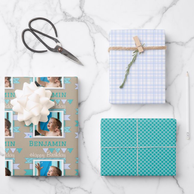 Feuille De Papier Cadeau Garçon Anniversaire Aqua Et Blue Scrapbook (Recto)