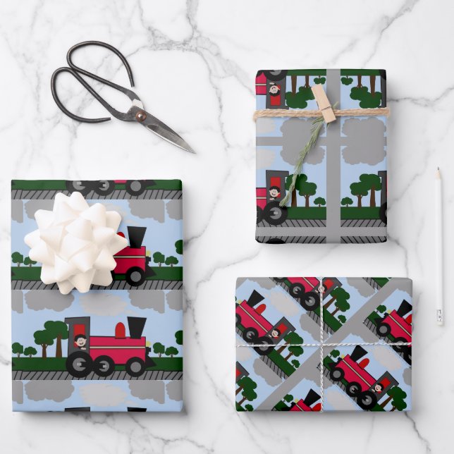Feuille De Papier Cadeau Garçon dans un train Toutes les occasions Envelopp (Recto)
