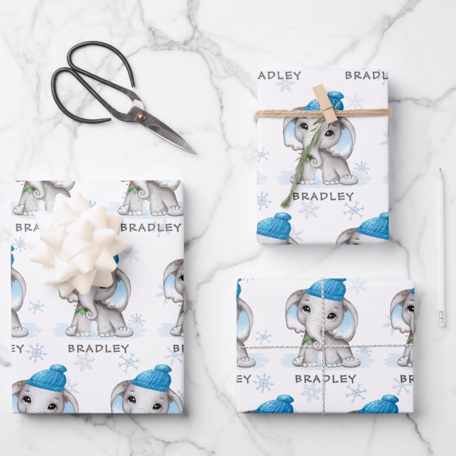 Feuille De Papier Cadeau Garçon éléphant bleu hiver Noël personnalisé (Recto)