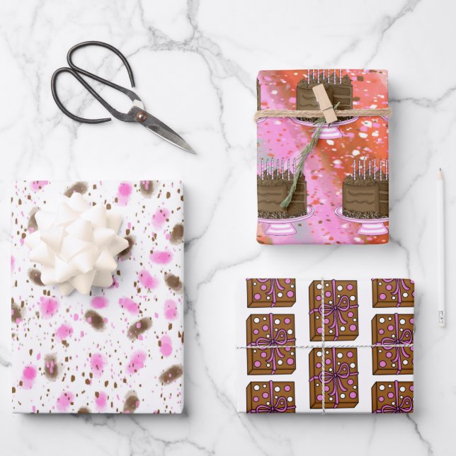 Feuille De Papier Cadeau Gâteau au chocolat Brown et rose (Recto)