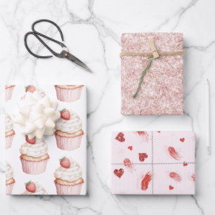 Feuille De Papier Cadeau Gâteau Cupcake Coeur Rose Fraise  