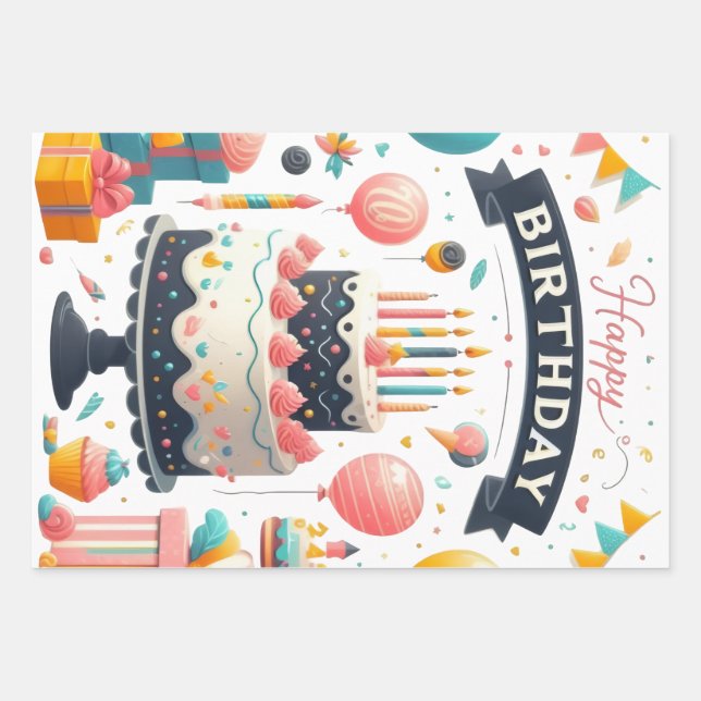 Feuille De Papier Cadeau Gâteau d'anniversaire joyeux et ballons (Devant)