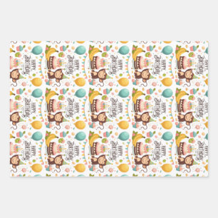 Feuille De Papier Cadeau Gâteau d'anniversaire joyeux singe mignon