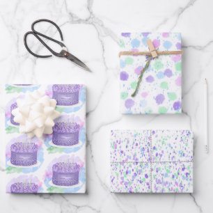 Feuille De Papier Cadeau Gâteau d'anniversaire Sage Green, Pastel Purple et