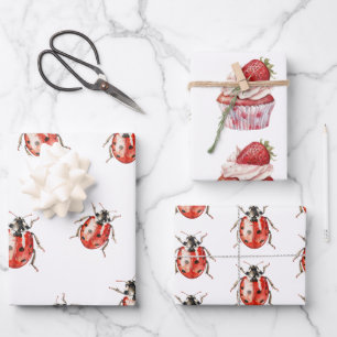 Feuille De Papier Cadeau Gâteau de pâte de fraise Ladybugs Anniversaire