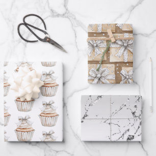Feuille De Papier Cadeau Gâteaux Blancs Argentés Pailletés Anniversaire