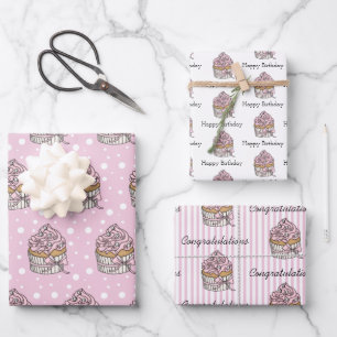 Feuille De Papier Cadeau Gâteaux roses et argentés