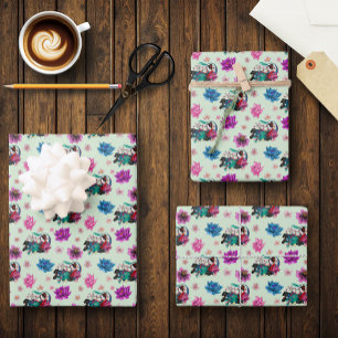 Feuille De Papier Cadeau Géisha asiatique dragon fleurs de cerisier bleu
