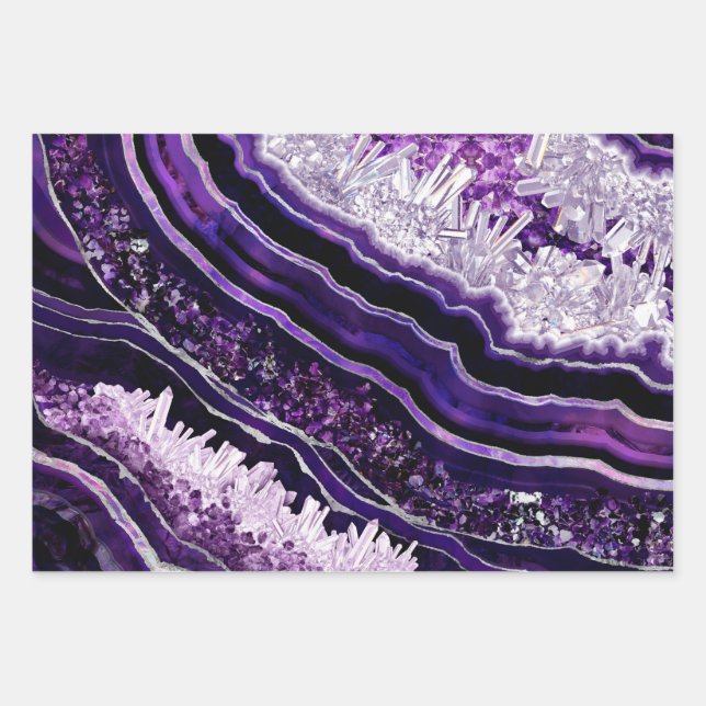 Feuille De Papier Cadeau Géode Améthyste Violet et Art numérique Argent (Devant)