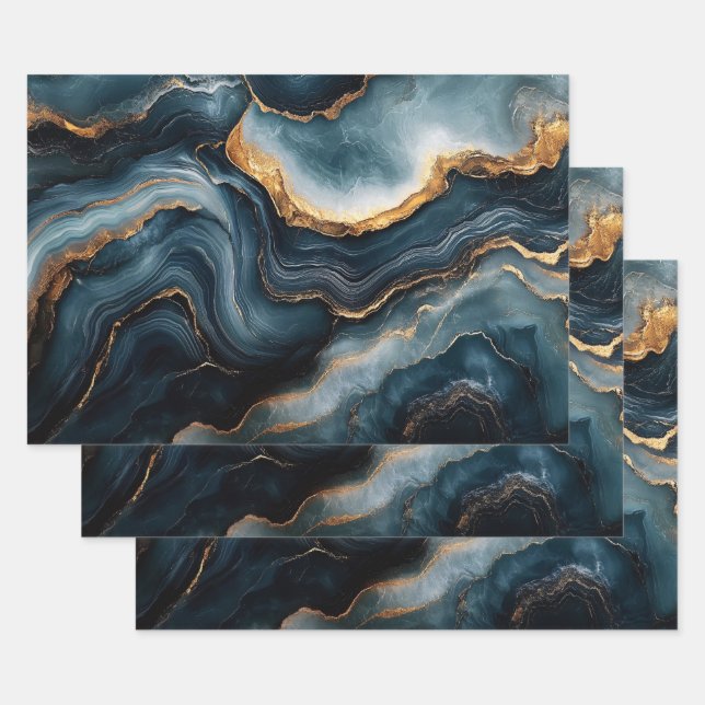 Feuille De Papier Cadeau Géode d'Agate avec or et marbre bleu marine (Lot)