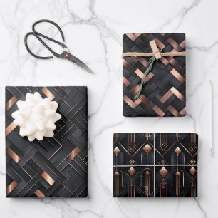 Feuille De Papier Cadeau Géométrie or rose sur la conception noir mat