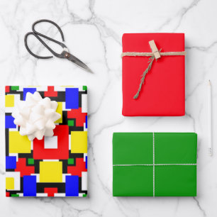 Feuille De Papier Cadeau Géométrie rouge, jaune, noir, bleu et vert