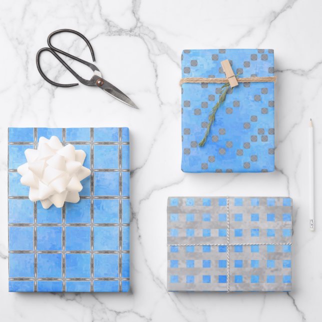 Feuille De Papier Cadeau Géométrique bleu et gris (Recto)