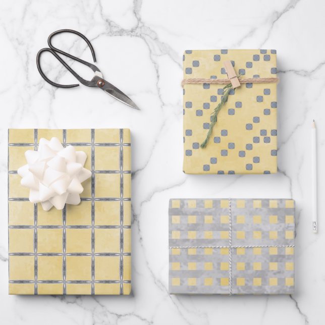 Feuille De Papier Cadeau Géométrique jaune et gris (Recto)