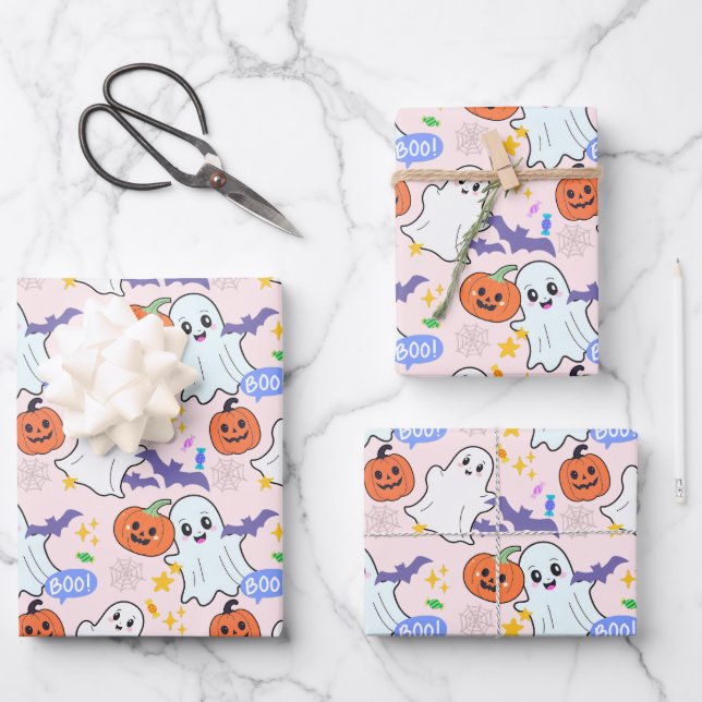 Feuille De Papier Cadeau Ghosts mignons avec Halloween Citrouille (Recto)