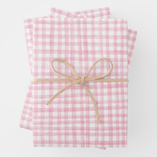 Feuille De Papier Cadeau Gingham Dessiné à la main Moderne Mignon Rose Blan