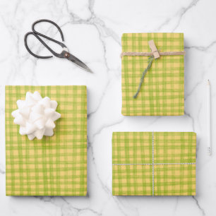 Feuille De Papier Cadeau Gingham Dessiné Moderne Mignon Vert Jaune Prépa