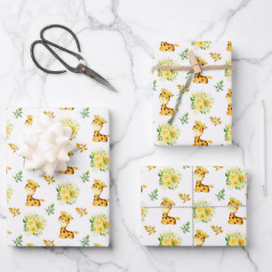 Feuille De Papier Cadeau Girafe Fleurs Florales Jaunes