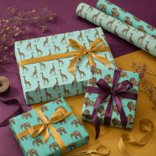 Feuille De Papier Cadeau Girafes, Lions et Eléphants Adorables
