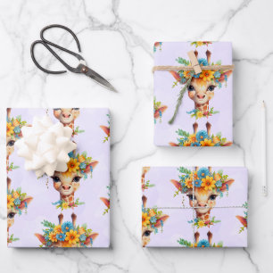 Feuille De Papier Cadeau Giraffe mignonne à la couronne fleurie