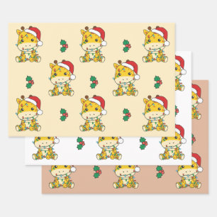 Feuille De Papier Cadeau Giraffe Noël Animaux d'hiver Giraffes