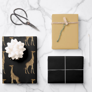 Feuille De Papier Cadeau Giraffes Gras Or et Noir 