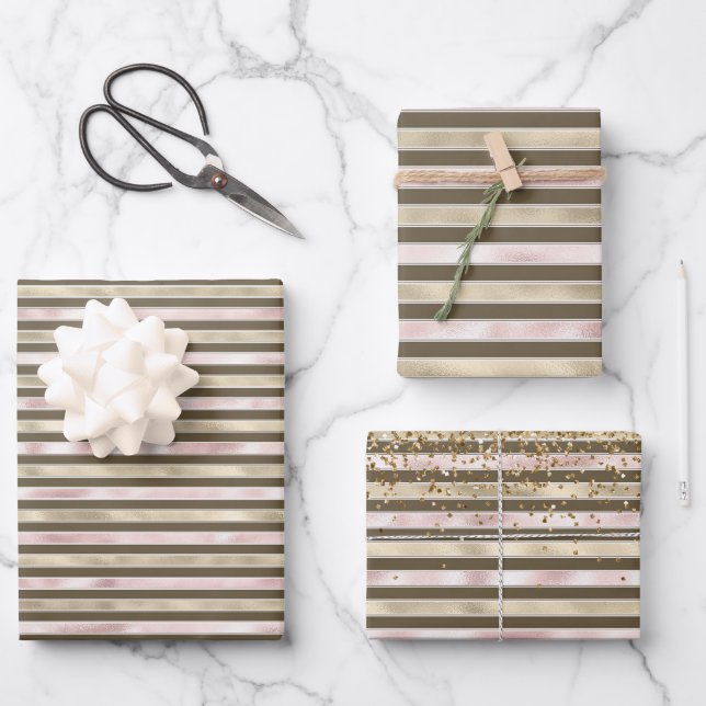 Feuille De Papier Cadeau Glam Gold Blush rose Brown rayures (Recto)