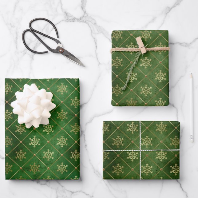Feuille De Papier Cadeau Glam Green Gold Snowflakes Noël (Recto)