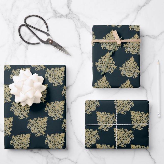 Feuille De Papier Cadeau Glam or damassé bleu marine (Recto)